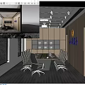 Modern Meeting Room With Long Table Chairs Bookshelves Blinds And Ceiling Lighting