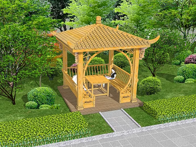 Wooden Pavilion in Garden with Green Plants Bushes Trees Table Chairs and Stone Path 3d model
