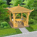 Wooden Pavilion in Garden with Green Plants Bushes Trees Table Chairs and Stone Path