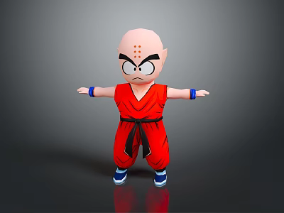 Cartoon Character In Red Martial Arts Uniform With Bald Head Three Dot Eyebrows Standing Pose 3d model