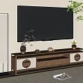 Wooden TV Stand With Wall Mounted TV Decorative Plants And Ornaments