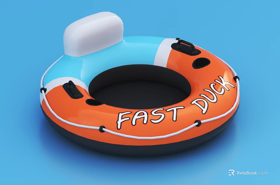 Inflatable Swimming Ring With Orange Blue Black Design White Backrest And FAST DUCK Text 3d model 