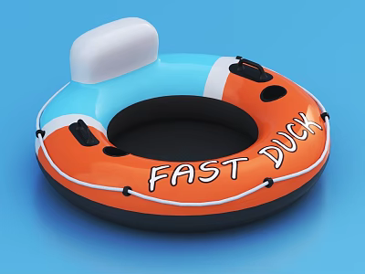 Inflatable Swimming Ring With Orange Blue Black Design White Backrest And FAST DUCK Text 3d model