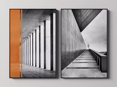 Modern Architecture Wall Art Featuring Concrete Columns Staircase And Orange Accent 3d model