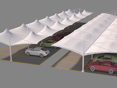 White Carport Canopies Cover Parking Spaces With Parked Cars In Lot 3d model