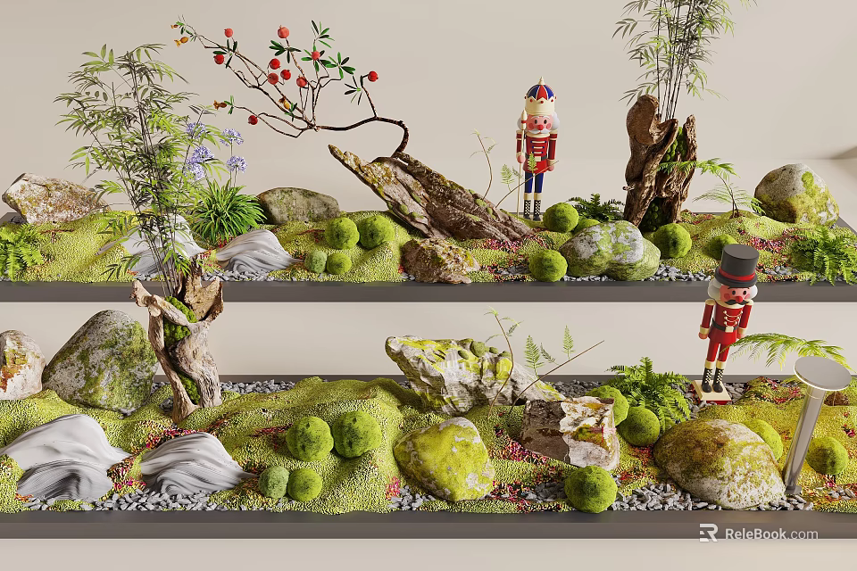 Lush Moss Decorative Scene With Stones Small Trees And Nutcracker Soldiers 3d model 