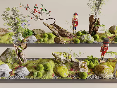 Lush Moss Decorative Scene With Stones Small Trees And Nutcracker Soldiers 3d model