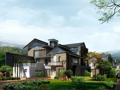 Modern Detached Villa Exterior With Mountain View Lush Greenery And Balcony 3d model