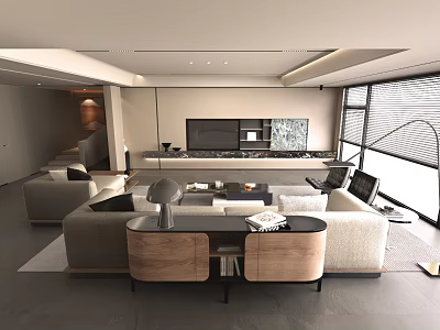 Modern Living Room Interior With Comfortable Sofa Coffee Table TV Wall And Large Windows 3d model