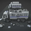 Tactical Police Armored Truck With Scattered Parts In Workshop Scene