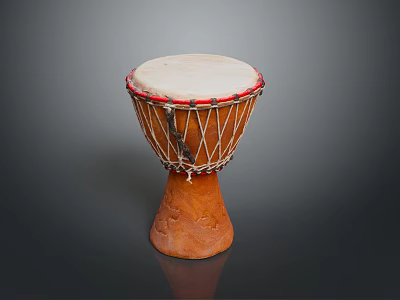 Handmade Wooden Djembe Drum With White Head Red Rim And Carved Base For Home 3d model