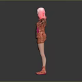 Woman with pink hair posing in orange patterned outfit and pink shoes arms outstretched