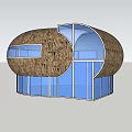 Round Shaped Architectural Structure With Thatched Roof And Central Circular Opening Glass Windows