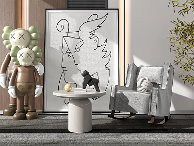 Modern Casual Sofa Set With Rocking Chair Decorative Painting And Green Plant 3d model