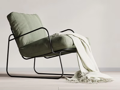 Light Green Fabric Accent Chair with Black Metal Frame and White Throw Blanket 3d model