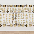 Golden And Black Decorative Ornaments In Various Shapes Arranged On White Background