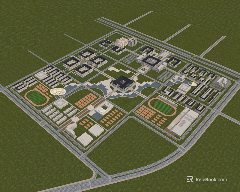 School Buildings Campus Layout With Multiple Structures Green Spaces And Sports Fields 3d model