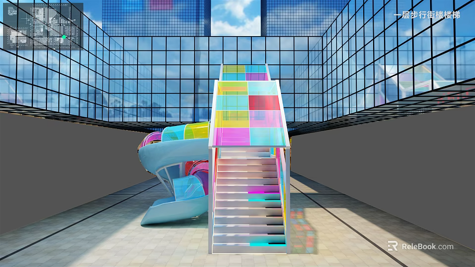 Colorful Indoor Playground Equipment in Modern Glass Building With Staircase And Slide Design 3d model 