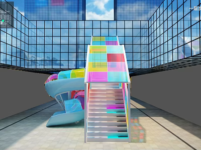Colorful Indoor Playground Equipment in Modern Glass Building With Staircase And Slide Design 3d model