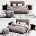 Modern Double Bed With Soft Linens Nightstands And Checkered Stool On Rug 3d model