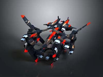 Futuristic Mechanical Structure With Black Red Silver Accents Multiple Wing Shaped Parts 3d model