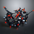 Futuristic Mechanical Structure With Black Red Silver Accents Multiple Wing Shaped Parts