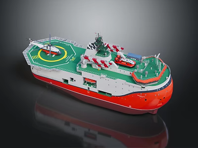Red And White Water Transport Vessel With Green Deck Helicopter Pad And Equipment 3d model