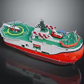 Red And White Water Transport Vessel With Green Deck Helicopter Pad And Equipment
