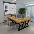 Public Office Space Interior Design with Long Wooden Table Yellow Chairs Bookshelves and Green Plants