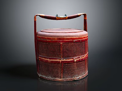 Traditional Red Bamboo Woven Basket with Handle and Lattice Design for Daily Use 3d model