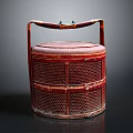 Traditional Red Bamboo Woven Basket with Handle and Lattice Design for Daily Use