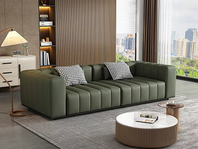 Green Sectional Sofa With Checkered Pillows Round Coffee Table And City View Living Room 3d model