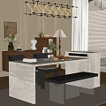 Elegant Modern Restaurant Interior With Marble Dining Table Comfortable Seats And Pendant Lights 3d model