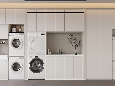 Modern Bathroom Cabinetry with White Storage Units Washer Dryer and Sink 3d model