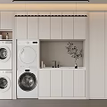 Modern Bathroom Cabinetry with White Storage Units Washer Dryer and Sink