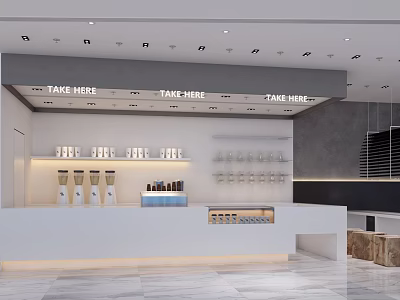 Bubble Tea Shop Modern Interior Featuring White Counter Take Here Signs And Glass Shelves 3d model