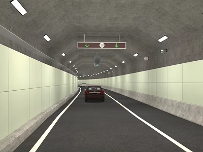 Well Equipped Road Facilities In Tunnel With Ceiling Lighting And Traffic Signs 3d model