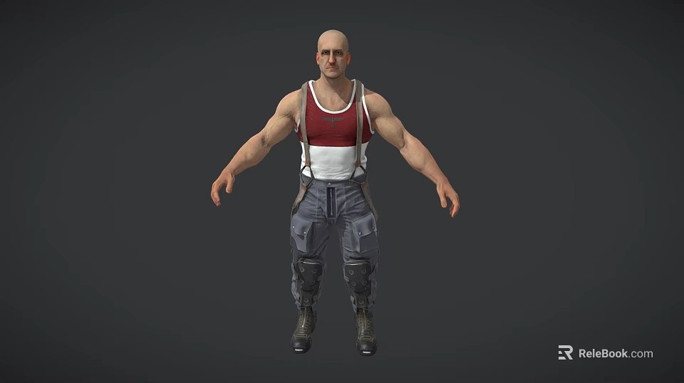 Bald Man With Red Tank Top White Suspenders Gray Cargo Pants Knee Pads And Boots 3d model 