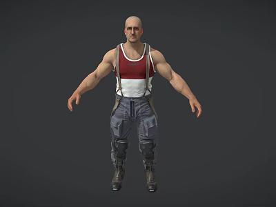 Bald Man With Red Tank Top White Suspenders Gray Cargo Pants Knee Pads And Boots 3d model