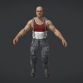 Bald Man With Red Tank Top White Suspenders Gray Cargo Pants Knee Pads And Boots