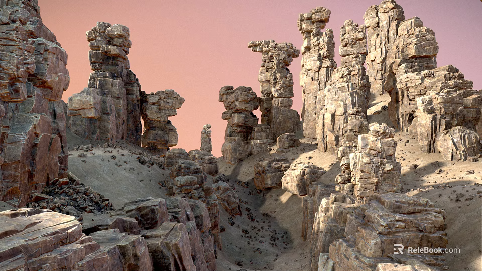 Scenic Natural Landscape With Unique Rock Pillars And Eroded Stone Formations Under Pink Sky 3d model 