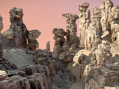 Scenic Natural Landscape With Unique Rock Pillars And Eroded Stone Formations Under Pink Sky 3d model
