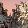 Scenic Natural Landscape With Unique Rock Pillars And Eroded Stone Formations Under Pink Sky