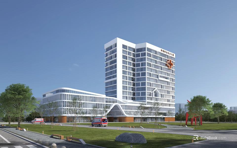 Modern Hospital Building Exterior With Glass Facade Red Cross Logo Ambulance And Green Landscaping 3d model 