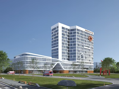 Modern Hospital Building Exterior With Glass Facade Red Cross Logo Ambulance And Green Landscaping 3d model