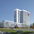 Modern Hospital Building Exterior With Glass Facade Red Cross Logo Ambulance And Green Landscaping