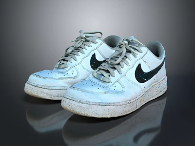 White Perforated Sneakers With Black Logo Gray Laces And Colorful Sole Splatters 3d model