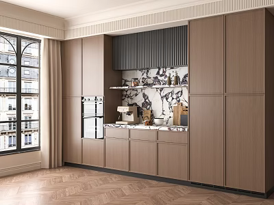 Modern Wooden Wine Cabinet Interior With Open Shelves And Marble Accents 3d model