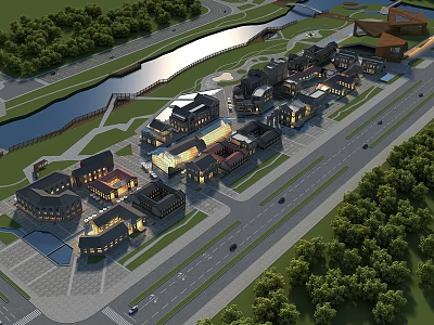 Scenic Commercial Street Aerial View With River Buildings Roads and Trees 3d model