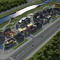 Scenic Commercial Street Aerial View With River Buildings Roads and Trees